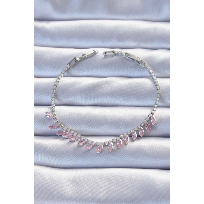 Pirinç Vip Seri Gümüş Renk Pembe Zirkon Taşlı Bileklik