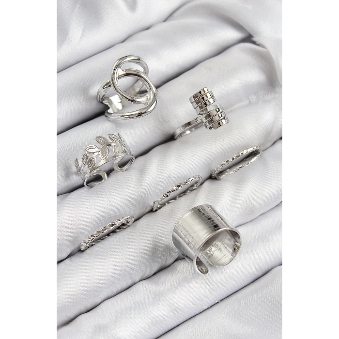 Pirinç Yaprak Model Gümüş Renk Kadın Yüzük Kombin Set