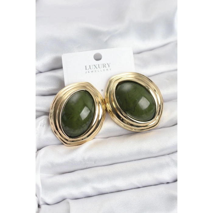 Pirinç Yeşil Badem Model Vintage Gold Kadın Küpe