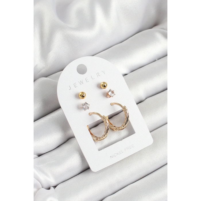 Pirinç Zirkon Taş Ve Halka Figürlü Gold Renk 3lü Çift Kadın Küpe Set