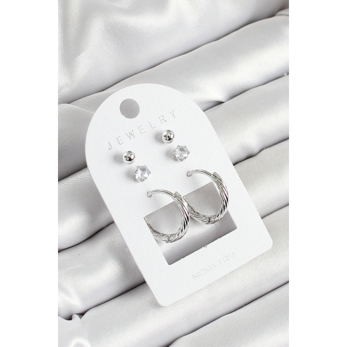 Pirinç Zirkon Taş Ve Halka Figürlü Gümüş Renk 3lü Çift Kadın Küpe Set