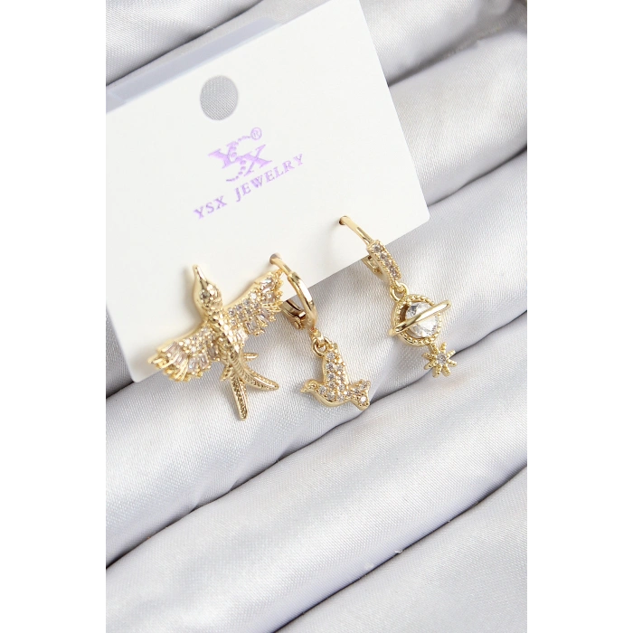 Pirinç Zirkon Taşlı 3lü Kuş Model Gold Renk Kadın Küpe