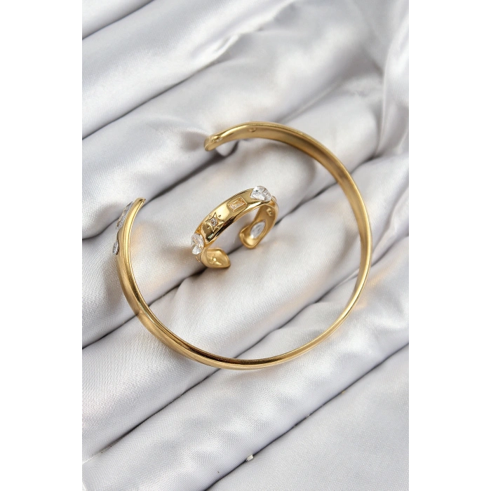 Pirinç Zirkon Taşlı Ayrık Model Gold Renk Bileklik Yüzük Set