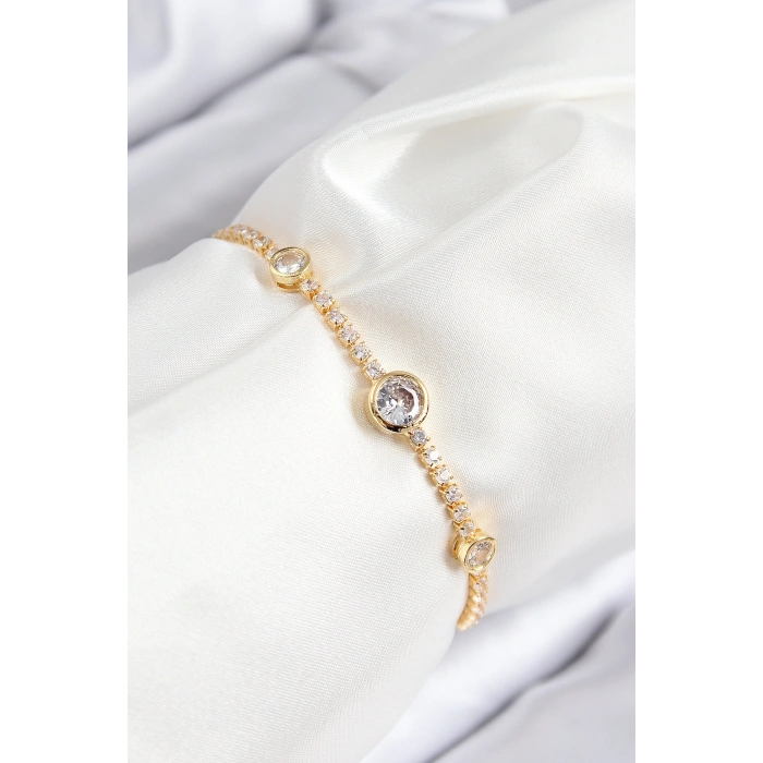Pirinç Zirkon Taşlı Daire Model Gold Renk Asansörlü Kadın Bileklik