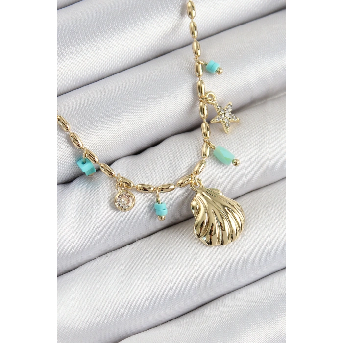 Pirinç Zirkon Taşlı Deniz Kabuğu Model Gold Renk Kadın Kolye