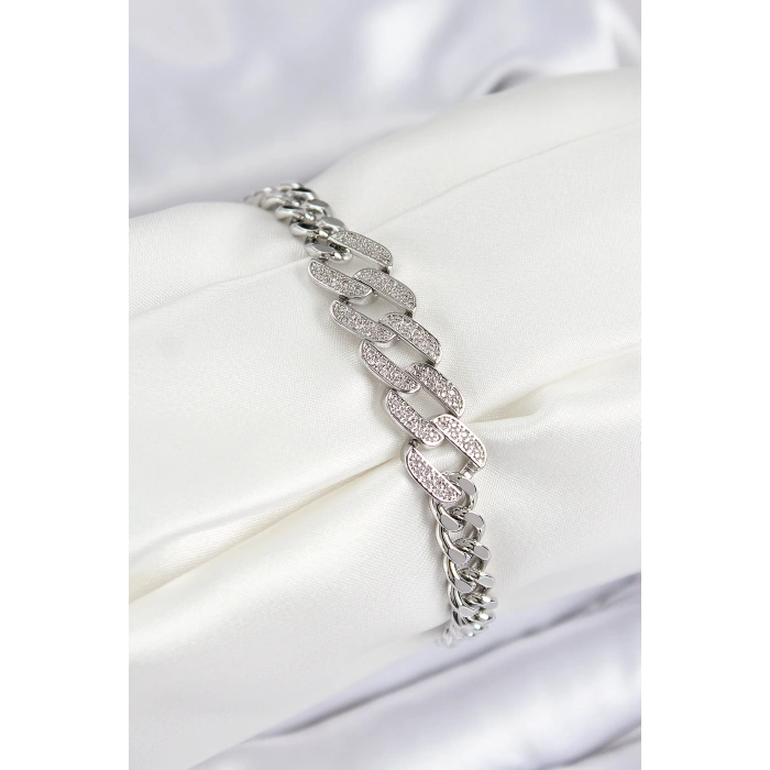 Pirinç Zirkon Taşlı Ezme Küba Zincir Model Gümüş Renk Kadın Bileklik