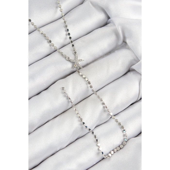 Pirinç Zirkon Taşlı Ezme Zincirli Deniz Yıldızı Model Gümüş Renk Y Kolye