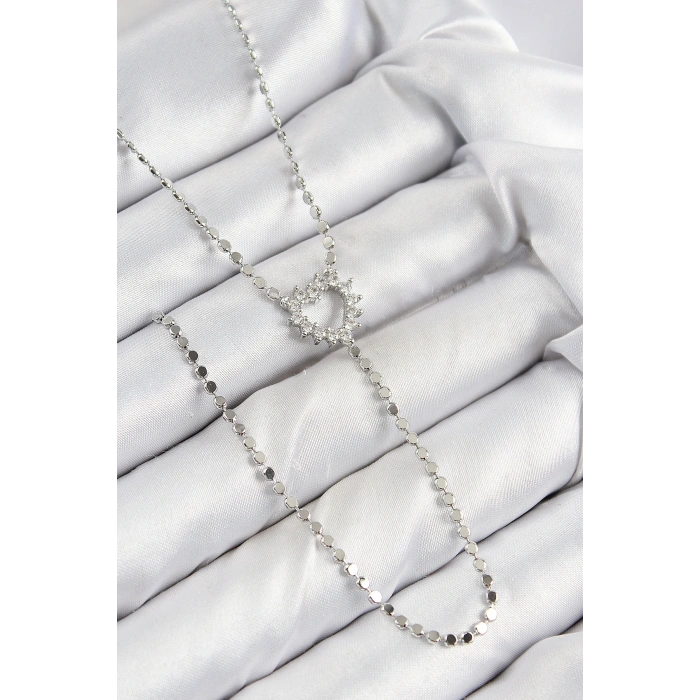 Pirinç Zirkon Taşlı Ezme Zincirli Kalp Model Gümüş Renk Y Kolye