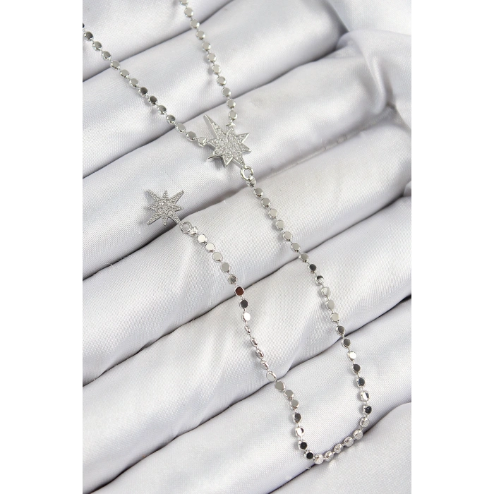 Pirinç Zirkon Taşlı Ezme Zincirli Kutup Yıldızı Model Gümüş Renk Y Kolye