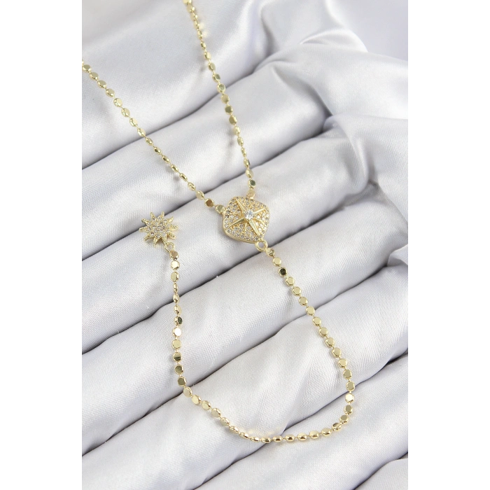 Pirinç Zirkon Taşlı Ezme Zincirli Madalyon Model Gold Renk Y Kolye