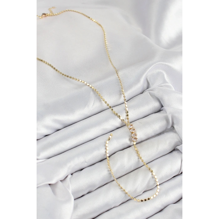 Pirinç Zirkon Taşlı Ezme Zincirli Model Gold Renk Y Kolye