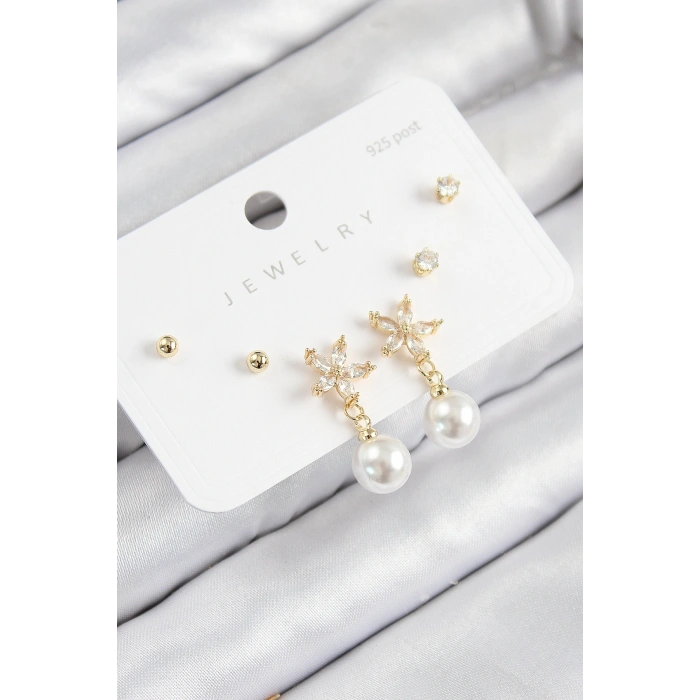 Pirinç Zirkon Taşlı İnci Sallantılı Çiçek Model Gümüş Renk 925 Ayar Gümüş Çivi Kadın Küpe Set