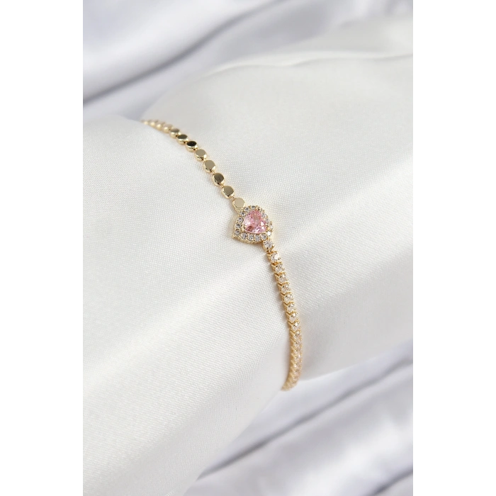 Pirinç Zirkon Taşlı Kalp Model Ezme Zincir Gold Renk Kadın Bileklik