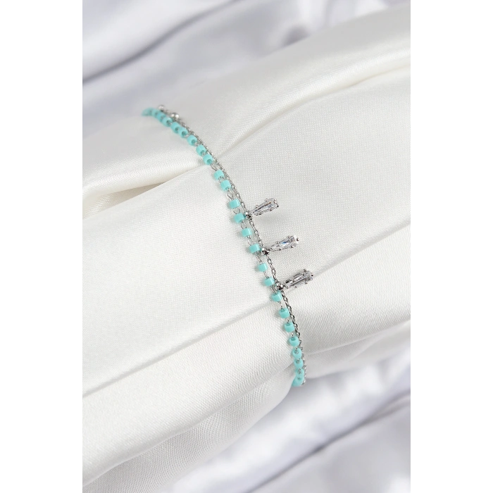 Pirinç Zirkon Taşlı Mavi Boncuklu Model Gümüş Renk Kadın Bileklik