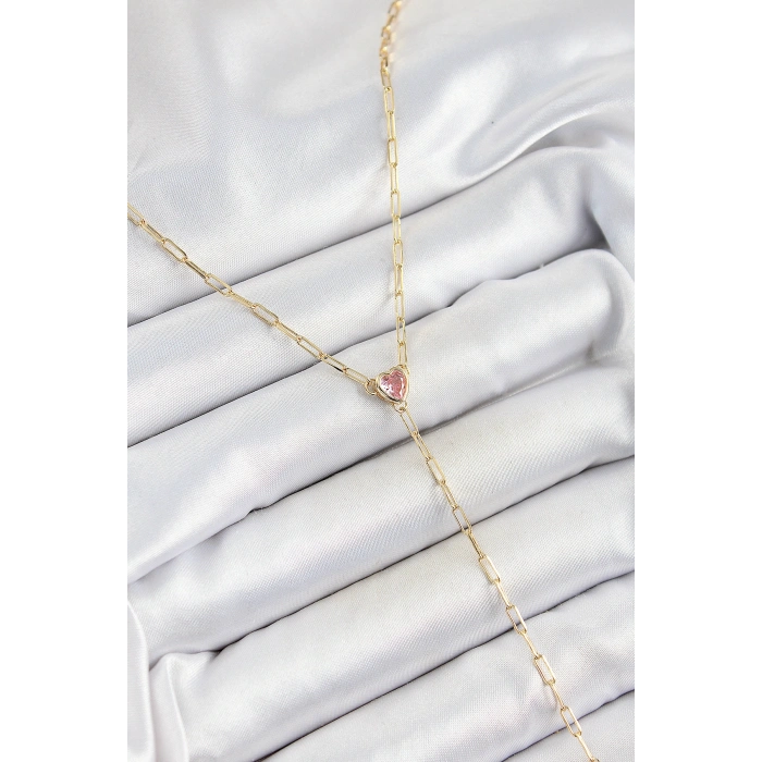 Pirinç Zirkon Taşlı Pembe Kalp Figürlü Y Model Gold Renk Kadın Kolye