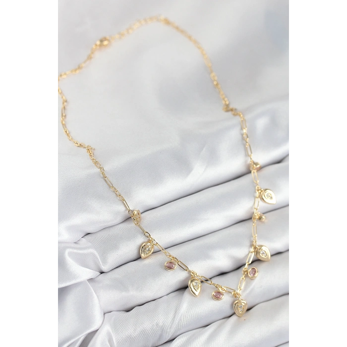 Pirinç Zirkon Taşlı Sallantılı Damla Model Gold Renk Kadın Kolye