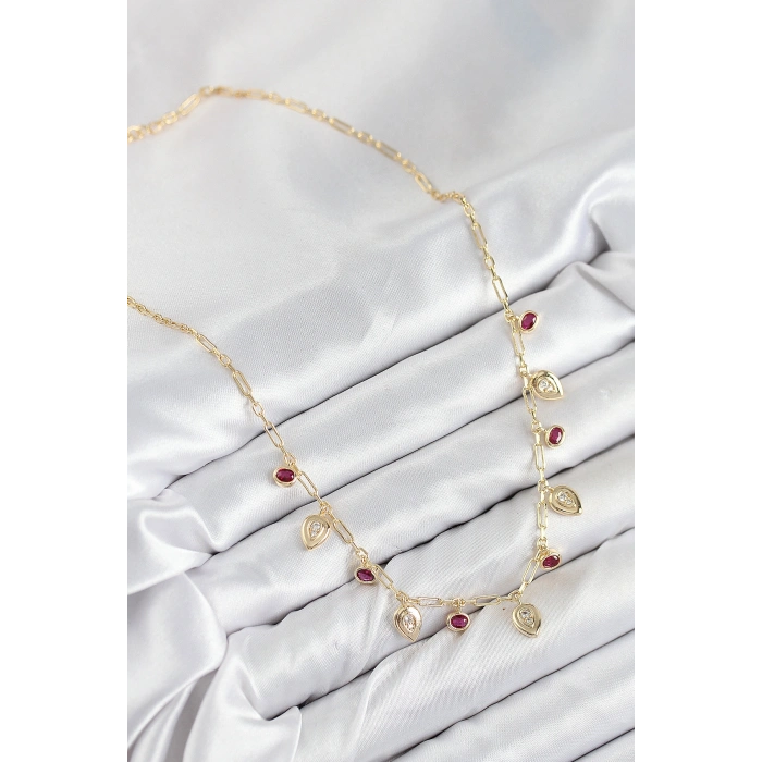 Pirinç Zirkon Taşlı Sallantılı Damla Model Gold Renk Kadın Kolye