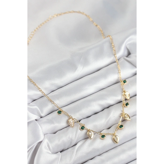 Pirinç Zirkon Taşlı Sallantılı Damla Model Gold Renk Kadın Kolye