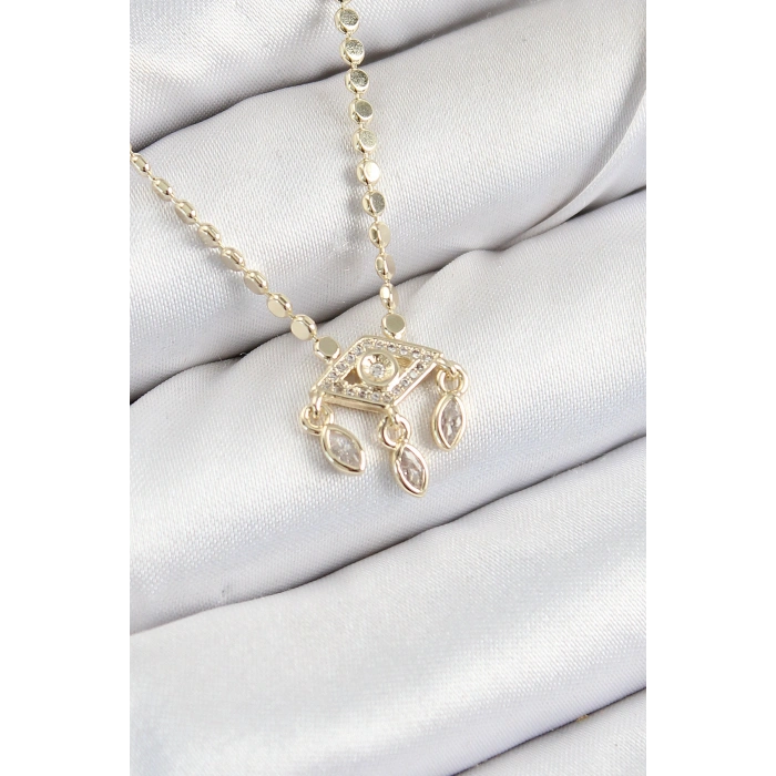 Pirinç Zirkon Taşlı Sallantılı Göz Model Ezme Zincir Gold Renk Kadın Kolye