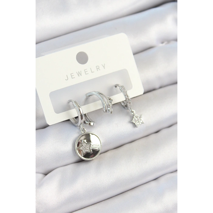 Pirinç Zirkon Taşlı Sallantılı Yıldız Model Gümüş Renk 3lü Çift Kadın Küpe Set