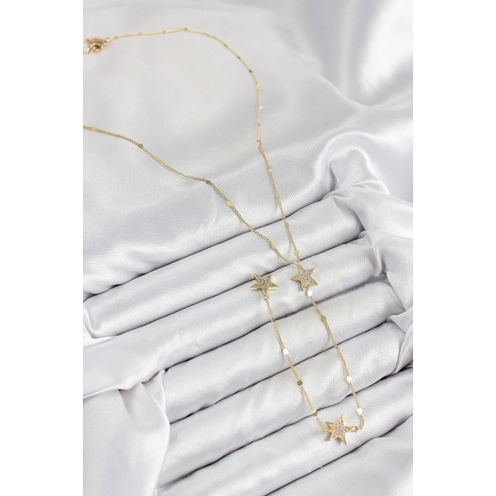 Pirinç Zirkon Taşlı Yıldız Model Gold Renk Y Kolye