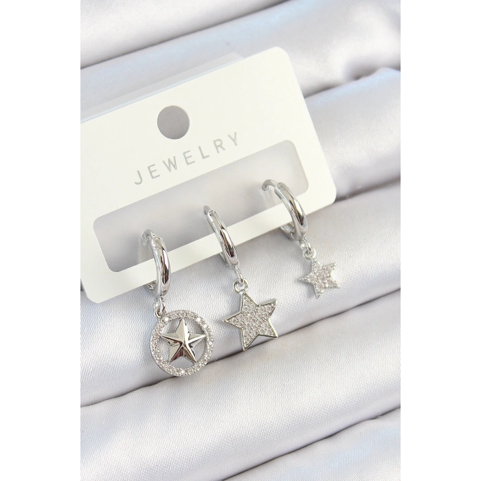 Pirinç Zirkon Taşlı Yıldız Model Gümüş Renk 3lü Çift Kadın Küpe Set