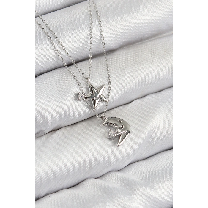 Pirinç Zirkon Taşlı Yıldız Ve Ay Model Gümüş Renk Kadın Kolye