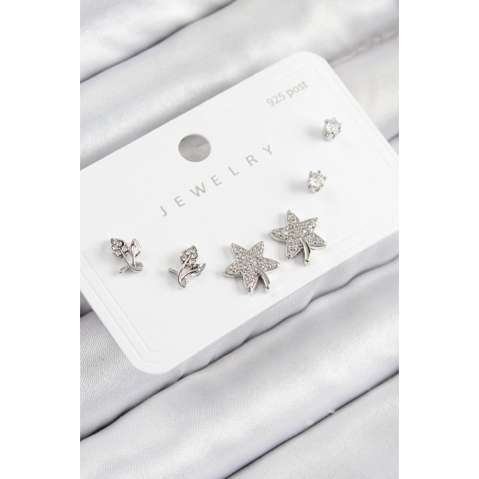 Pirinç Zirkon Taşlı Yıldız Ve Gül Model Gümüş Renk 925 Ayar Gümüş Çivi Kadın Küpe Set