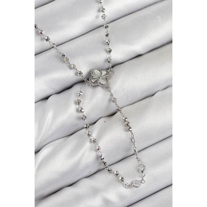 Pirinç Zirkon Taşlı Yonca Model Gümüş Renk Kadın Y Kolye