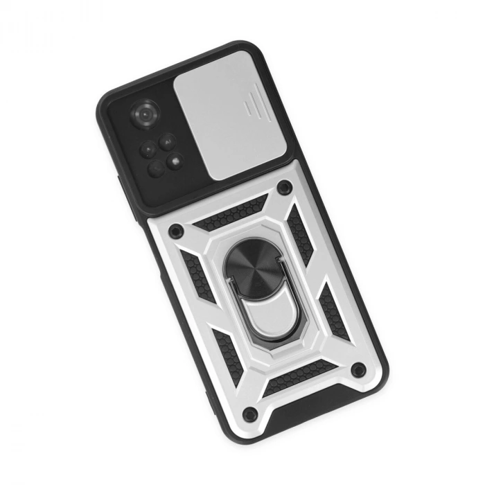 Po M4 Pro 4g Kılıf Pars Lens Yüzüklü  - Gümüş