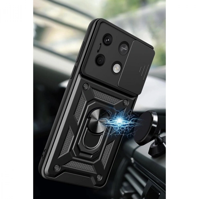 Po M6 Pro 4g Kılıf Pars Lens Yüzüklü  - Siyah