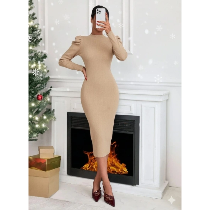 Prenses kol kaşkorse elbise bej
