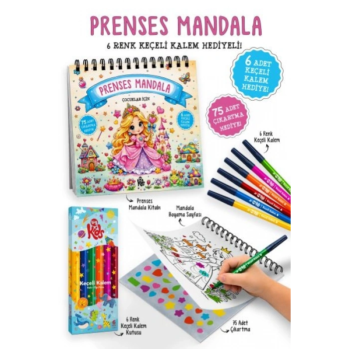 Prenses Mandala - 6 Renk Keçeli Kalem ve 75 Adet Çıkartma Hediyeli 3+