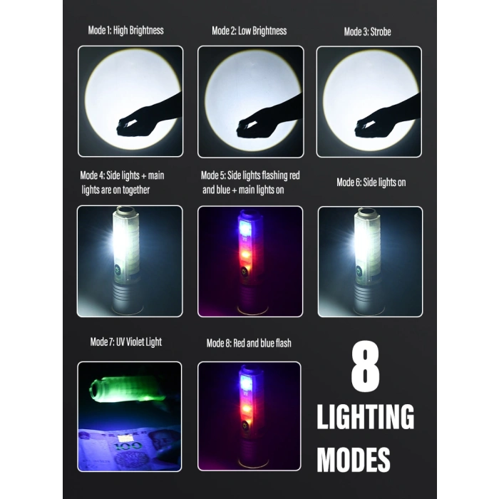 Profesyonel TG LED Güçlü 8 Modlu Type-C 1000 Lümen Polis Çakarlı Şarjlı El Feneri