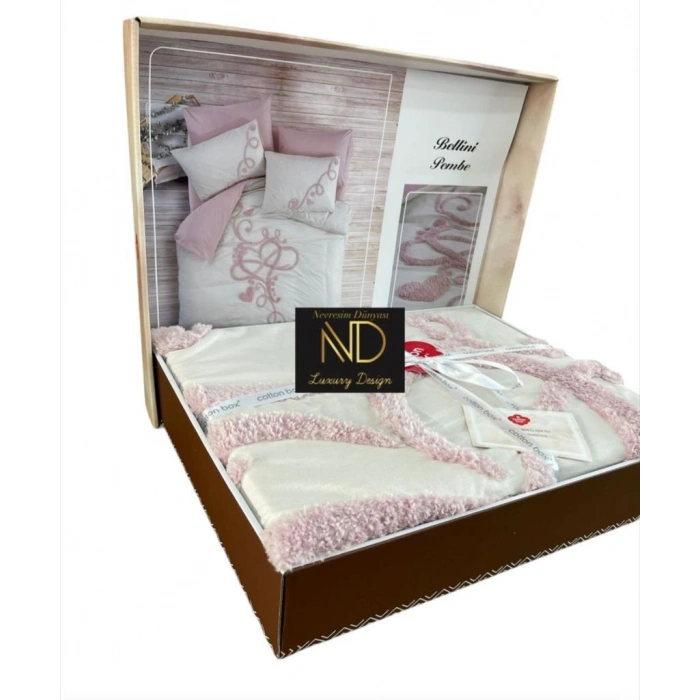 Puff Nakışlı Ranforce Çift Kişilik Anneler Günü Nev Takımı Bellini Pembe