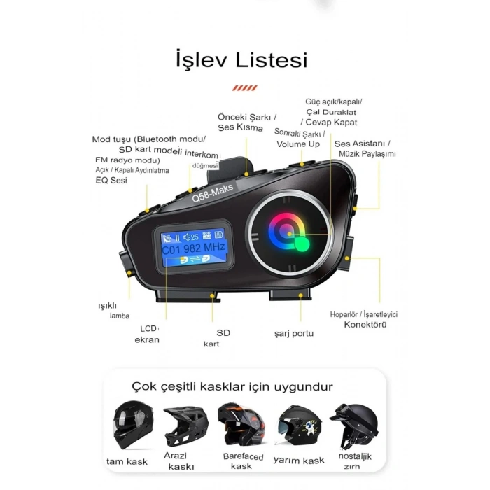 Q58-max Ralu 2 Kişi Bağlantılı Bluetooth Kask Kulaklık Ekranlı Fenerli Müzik Ve Telsiz Intercom