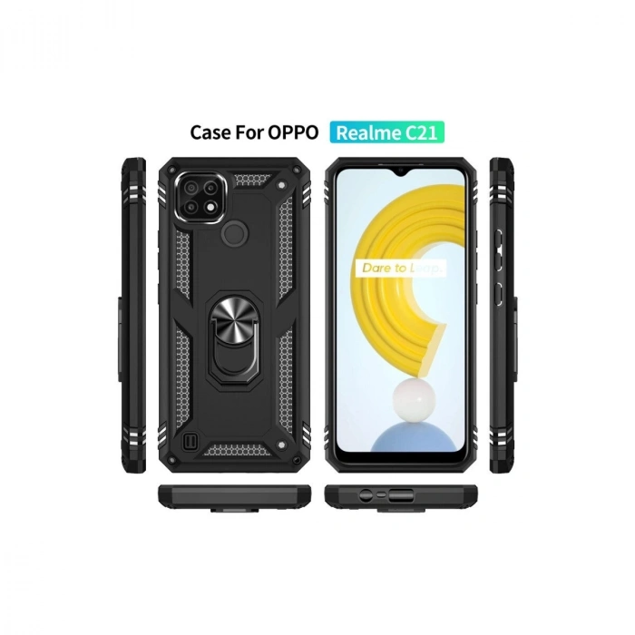 Realme C21 Kılıf Sofya Yüzüklü  Kapak - Siyah
