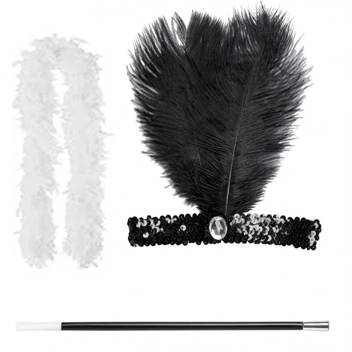 Retro Charliston Beyaz Otrişli Aksesuar Seti – 20'ler 90'lar Gatsby Kostüm Seti