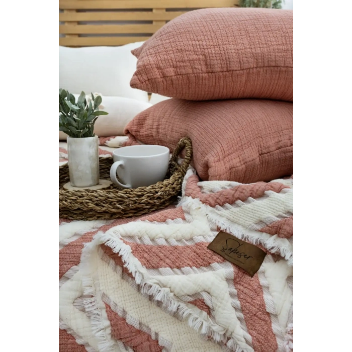 Şaheser Home Collection  Müslin Yatak Örtüsü Seti Çift Kişilik Sonia Kiremit