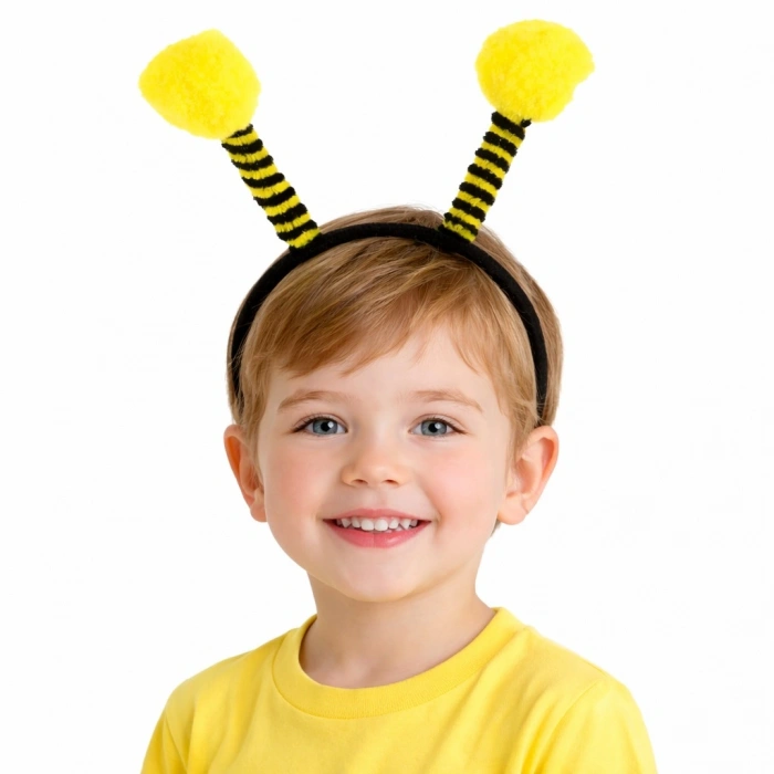 Sarı Siyah Arı Antenli Taç - Çuk Arı Tacı Mega Ponponlu