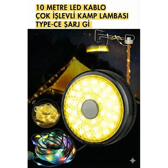 Şarjlı 10 Metre Ledli Şarj Göstergeli 8 Işık Modlu Hareketli Ve Flaşör Modlu Kamp Lambası Led Işık