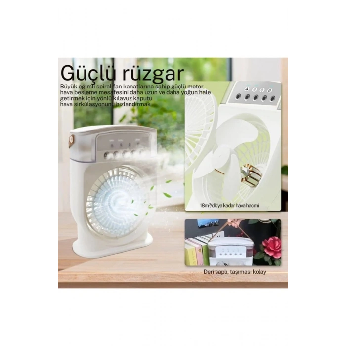 Şarjlı 600 Ml Su Hazneli Taşınabilir Masaüstü Vanilatör  Güçlü Fan Ve 2000 Mah Pil Beyaz