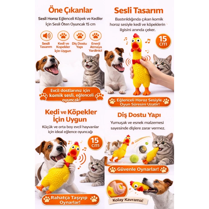 Sesli Horoz Eğlenceli Köpek ve Kediler İçin Sesli Öten Horoz Oyuncak 15 cm