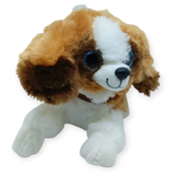 Sesli Peluş Yatan Köpek 25 cm - Kahve Beyaz - 1 ADET