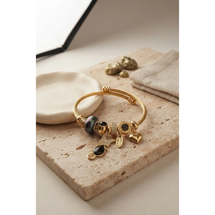 Siyah Kedi Model Gold Renk Charmlı Bileklik