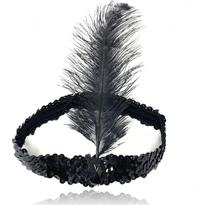 Siyah Renk Çarliston Başlık 90 lı Yıllar 80 li Yıllar Tüylü  Bandı