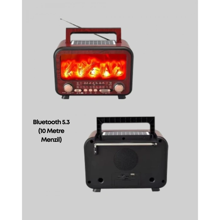 Şömine Alev Işıklı Solar Bluetooth Hoparlör – 7W Güçlü Ses, FM Radyo