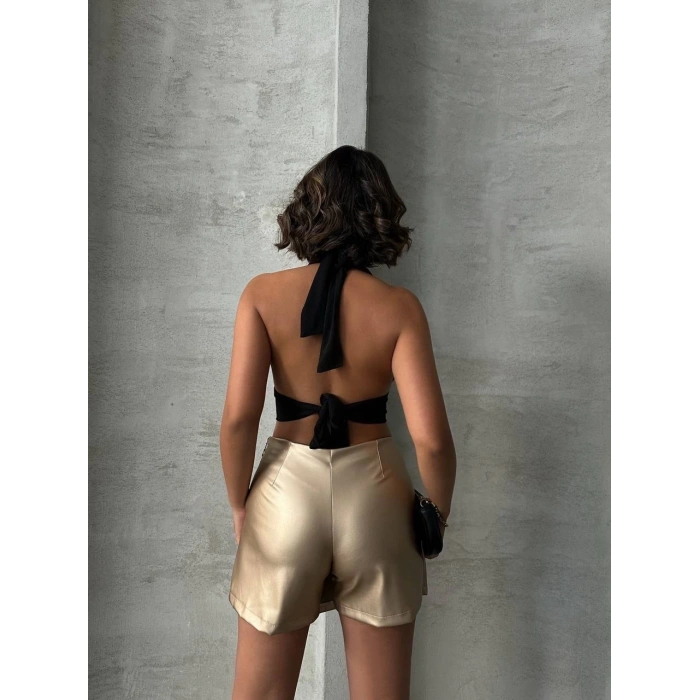 Taşlı şort etek deri gold h240018