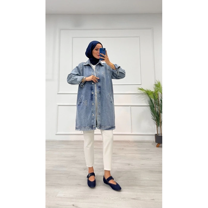 Taşlı tunik ceket kar yı orta mavi