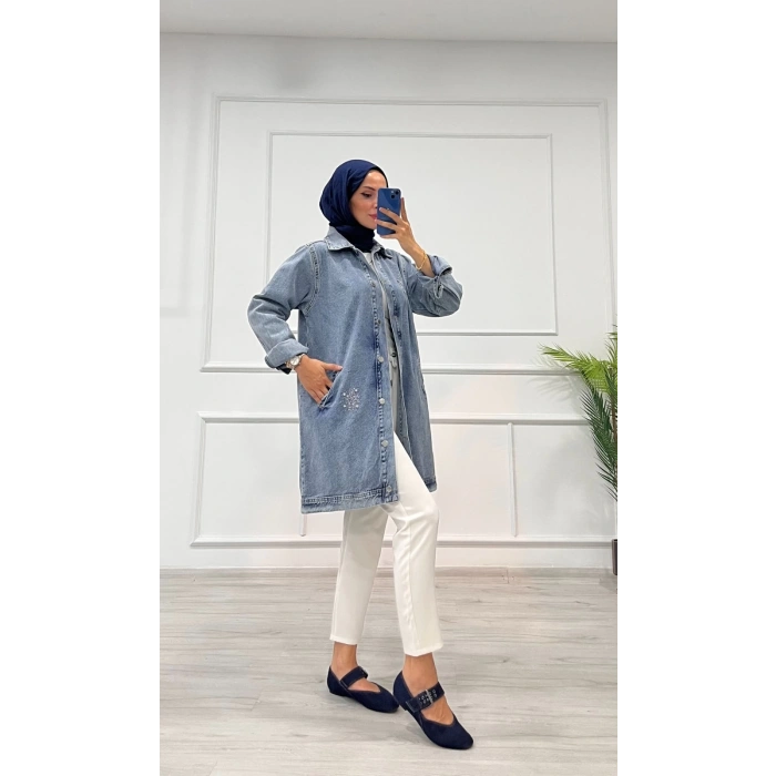 Taşlı tunik ceket kar yı orta mavi